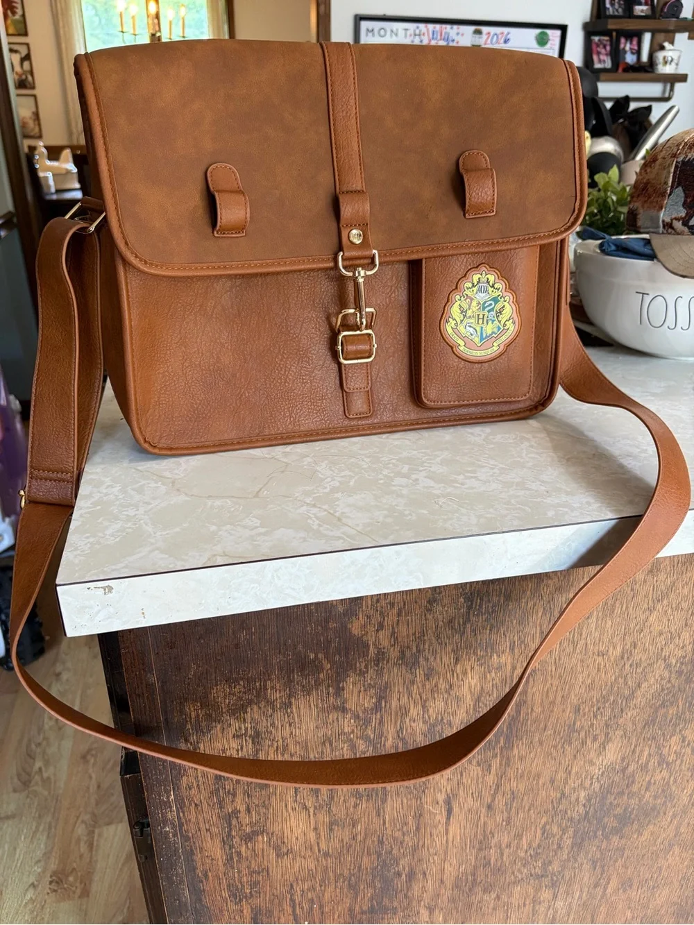 Harry Potter Hogwarts Messenger Laptop Bag Brown Faux Leather Crossbody